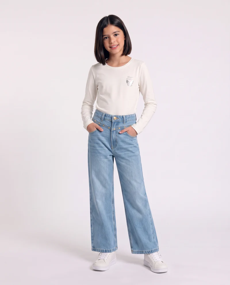 Jeans in cotone con borchie e gamba ampia - Denim