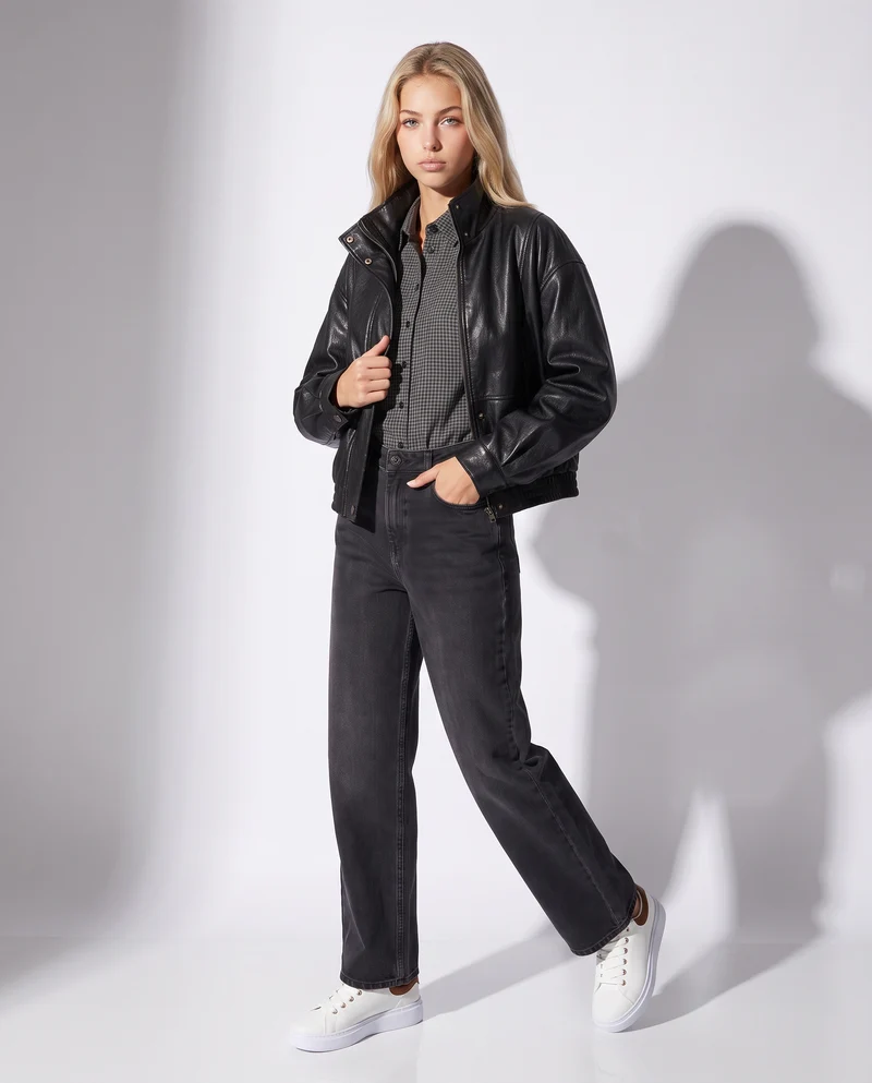 Bomber cropped con collo alto trendy - Nero