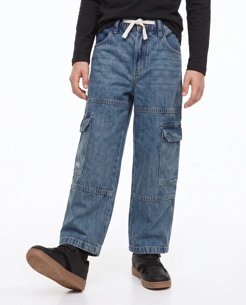 Jeans cargo baggy con ricami retrò - Denim