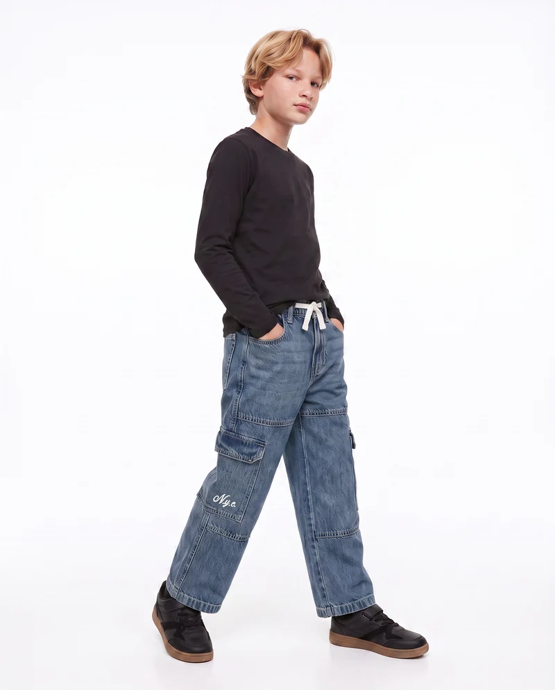 Jeans cargo baggy con ricami retrò - Denim