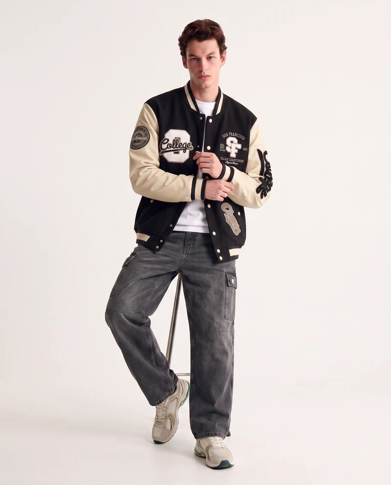 Bomber Varsity in Panno con Dettagli Pelle - Verde