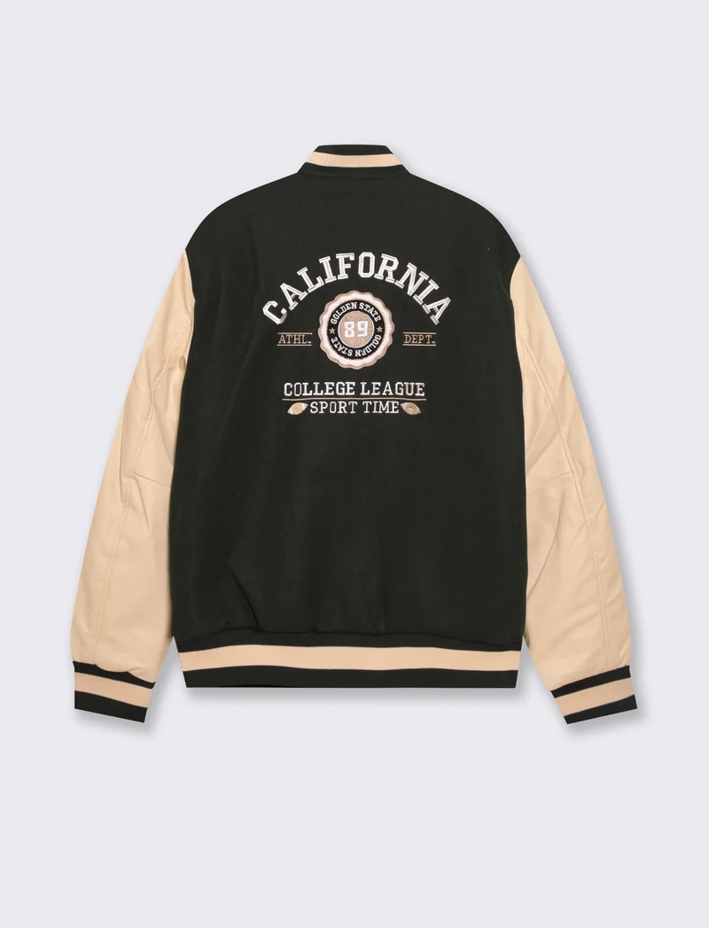 Bomber Varsity in Panno con Dettagli Pelle - Verde