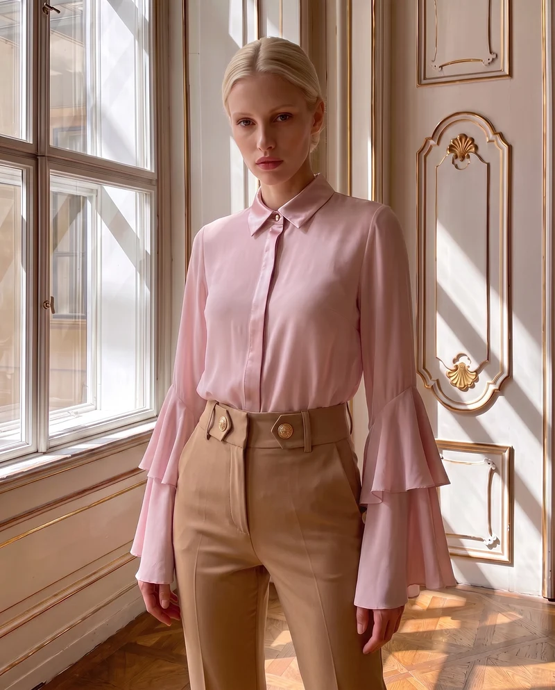 Camicia in georgette con inserti in raso e maniche a volant - Rosa antico