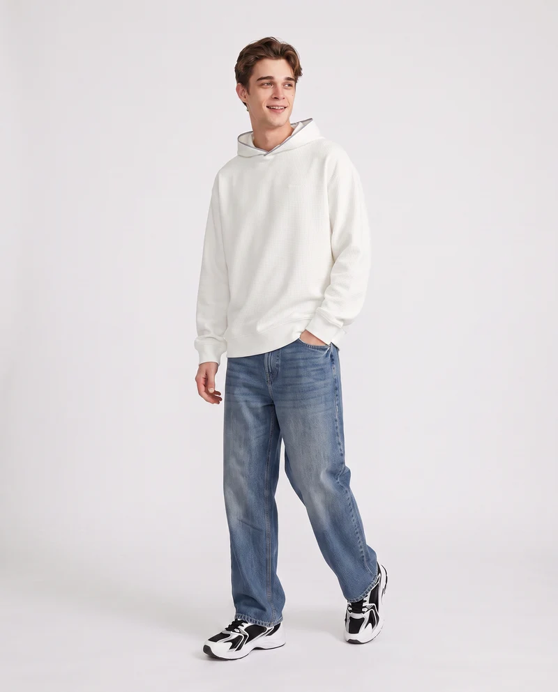 Felpa Jacquard con Cappuccio e Stampa - Bianco