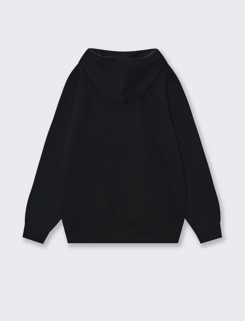 Felpa Jacquard con Cappuccio e Stampa - Nero