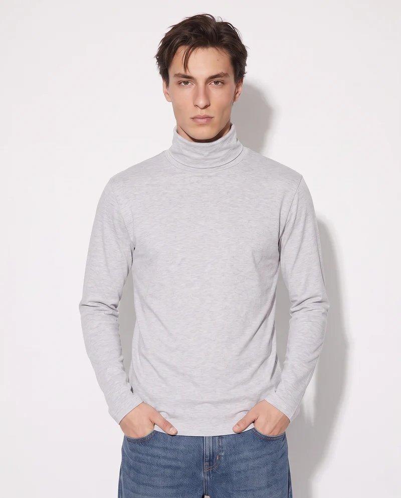 T-Shirt Collo Alto Slim Fit Maniche Lunghe - Grigio mel.