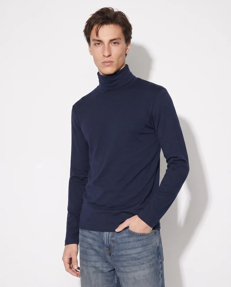 T-Shirt Collo Alto Slim Fit Maniche Lunghe - Blu