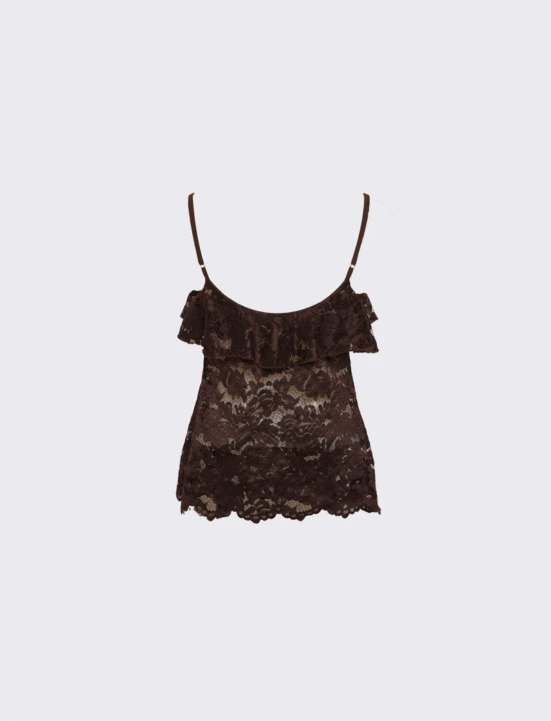 Top in pizzo con balza sullo scollo e bretelle regolabili - Moro