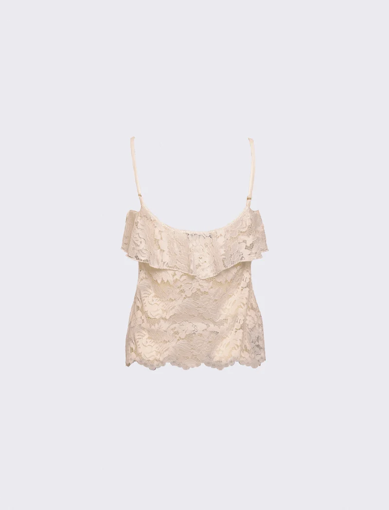 Top in pizzo con balza sullo scollo e bretelle regolabili - Bianco latte