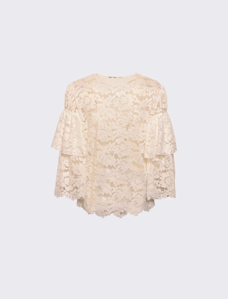 Casacca in pizzo con maniche a campana e scollo a goccia - Bianco latte