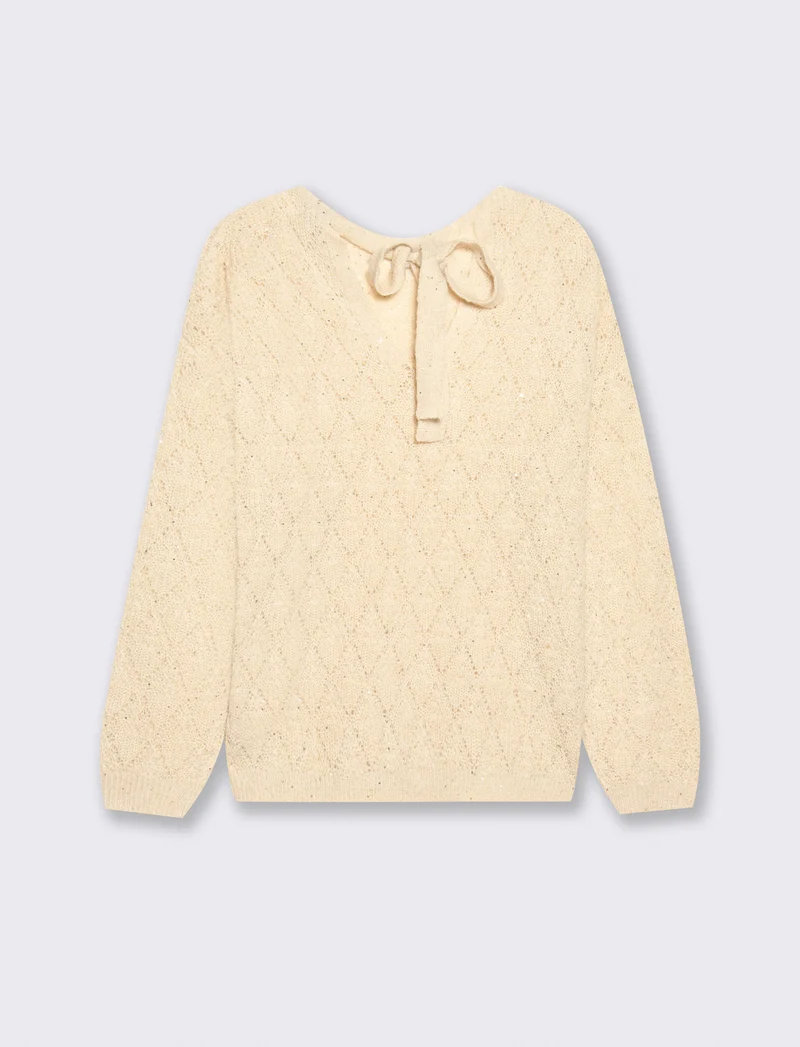 Maglia manica lunga con scollo e fiocco - Avorio
