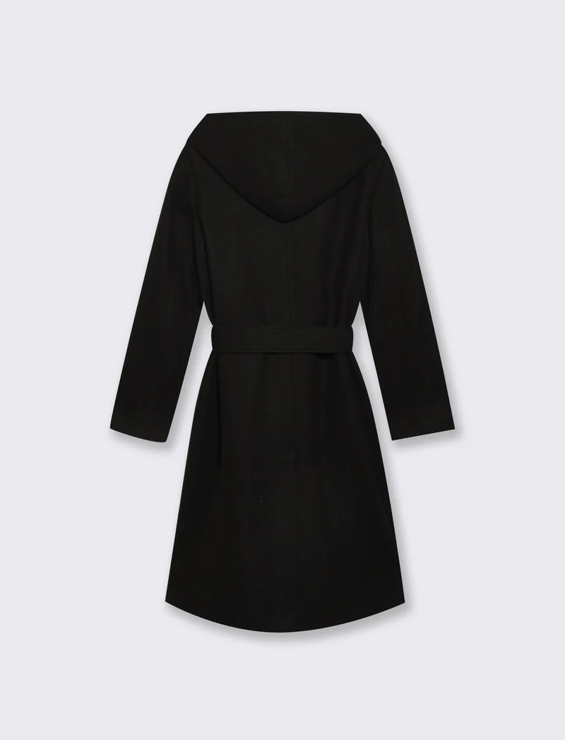 Cappotto basico con cappuccio e cinta - Nero