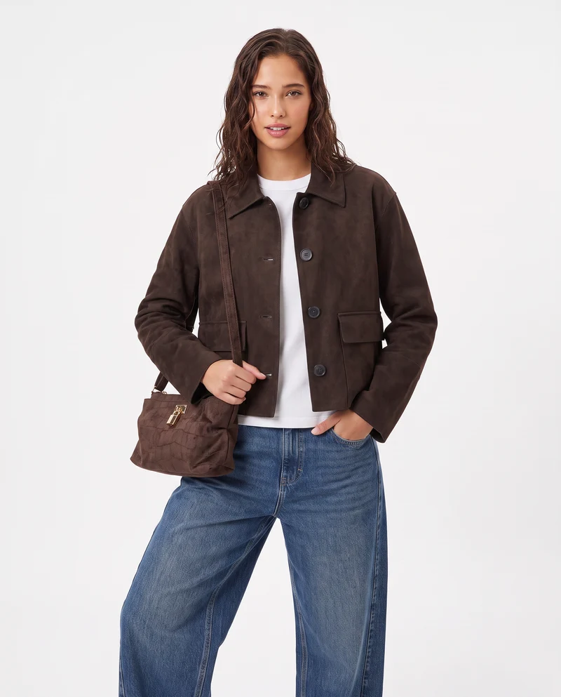 Giacca in suede con colletto e tasche - Moro
