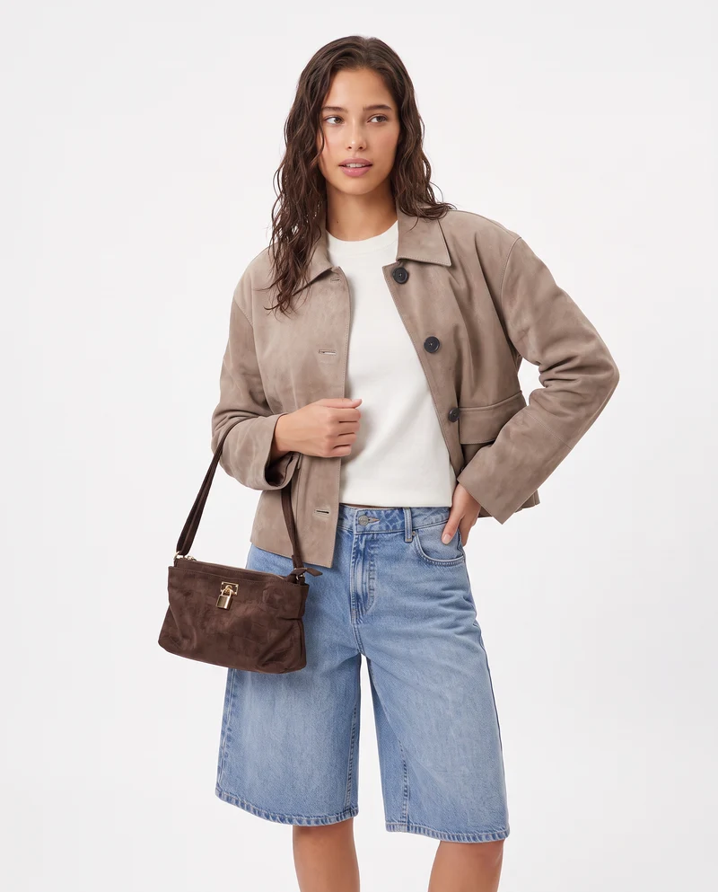 Giacca in suede con colletto e tasche - Beige grano