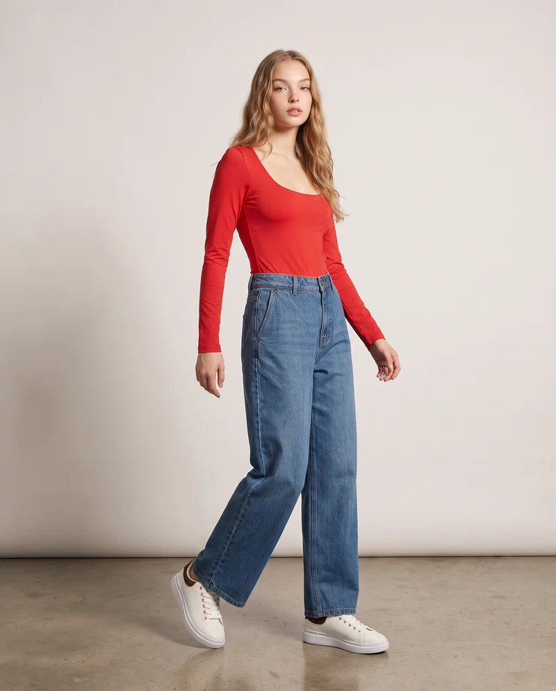 Body a manica lunga con scollo profondo - Rosso