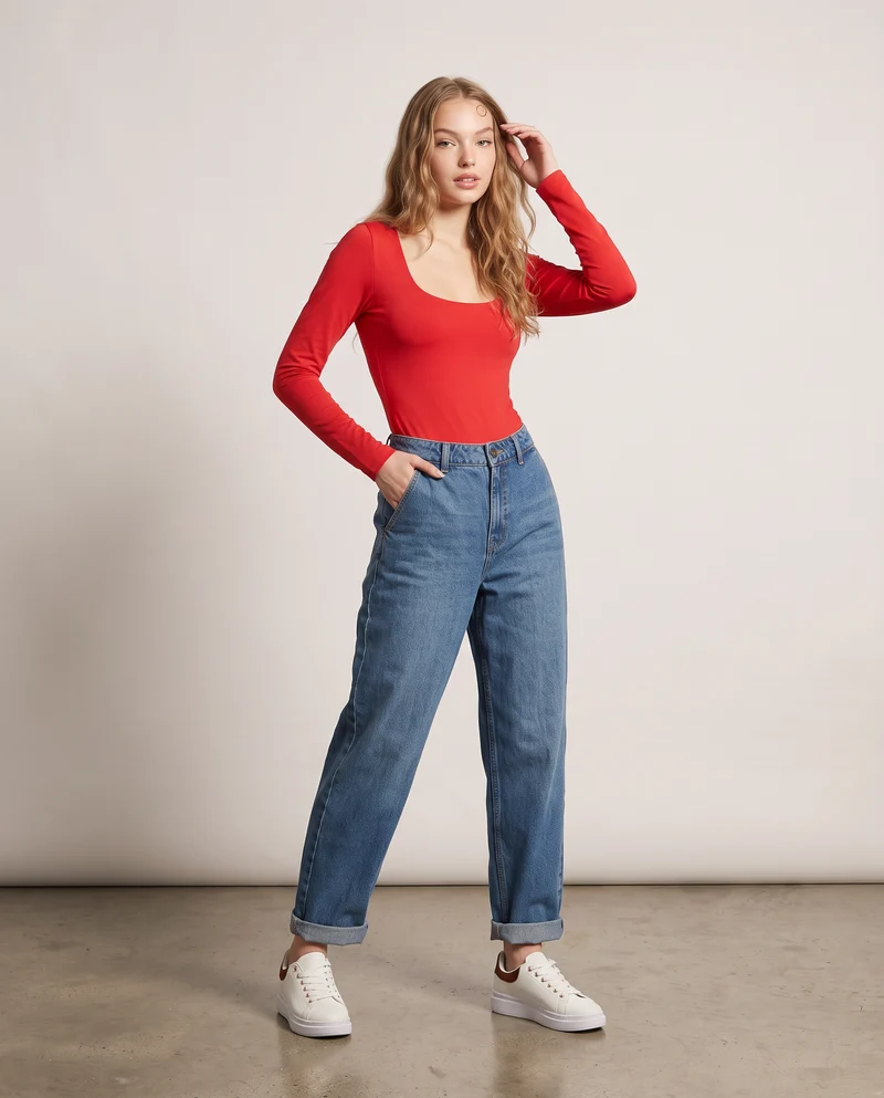 Body a manica lunga con scollo profondo - Rosso