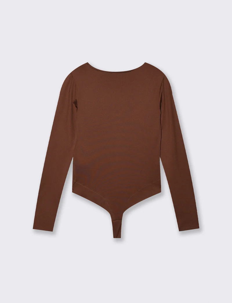 Body a manica lunga con scollo profondo - Marrone cioccolato