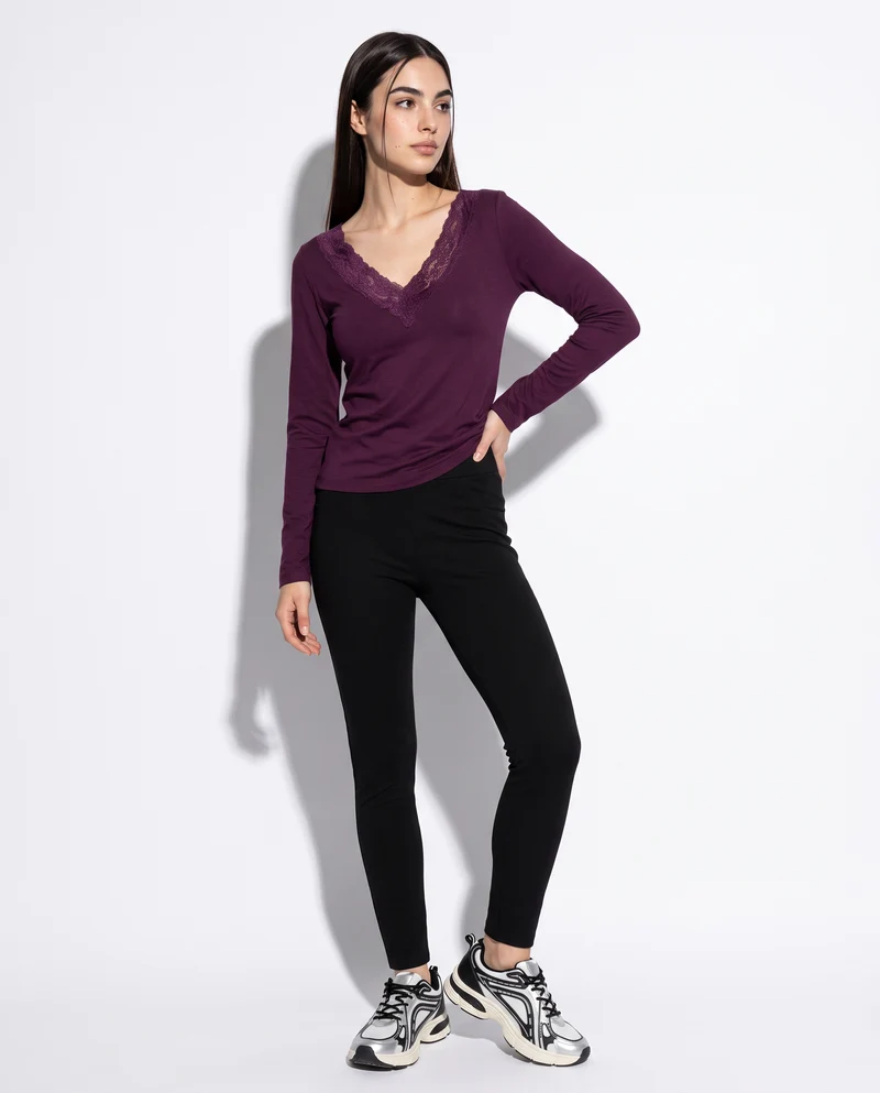 T-shirt manica lunga scollo a V - Bordeaux