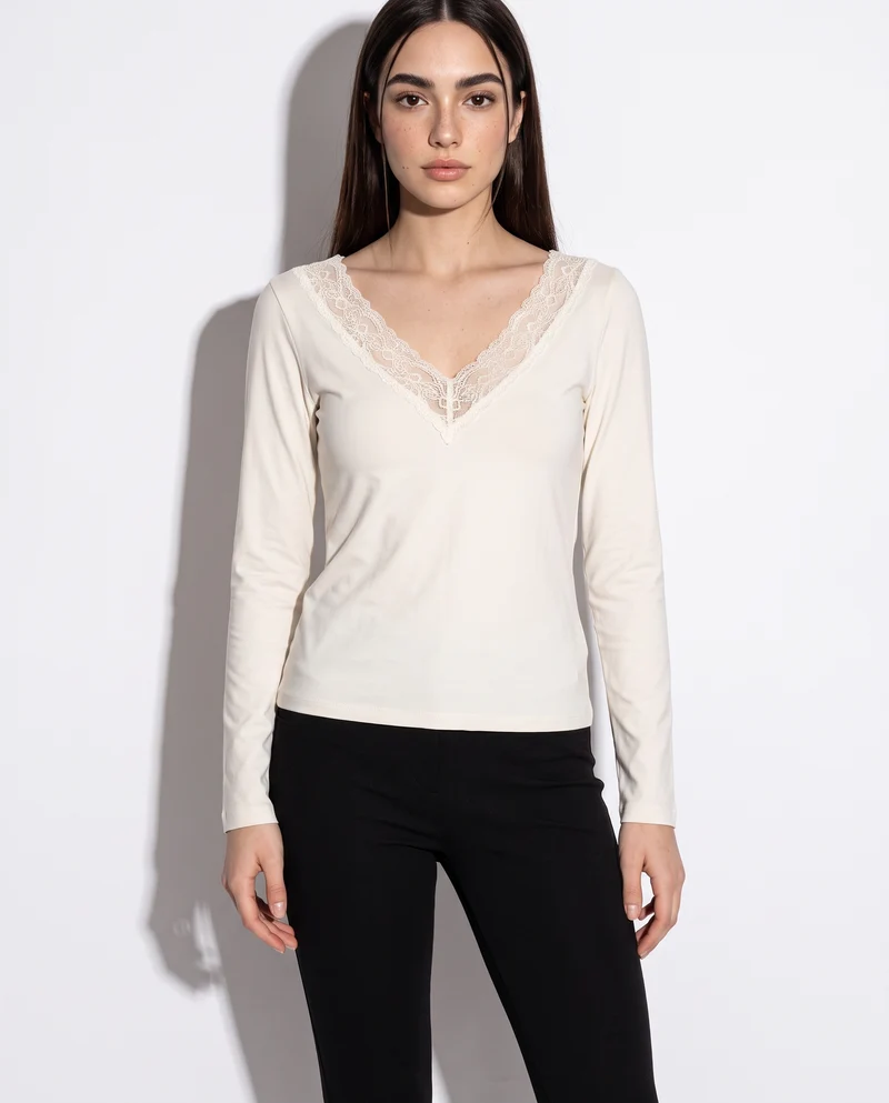 T-shirt manica lunga scollo a V - Avorio