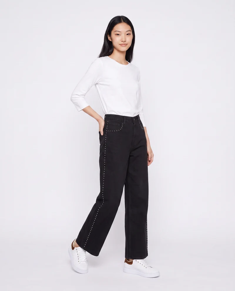 Jeans wide leg con borchie ai fianchi - Nero