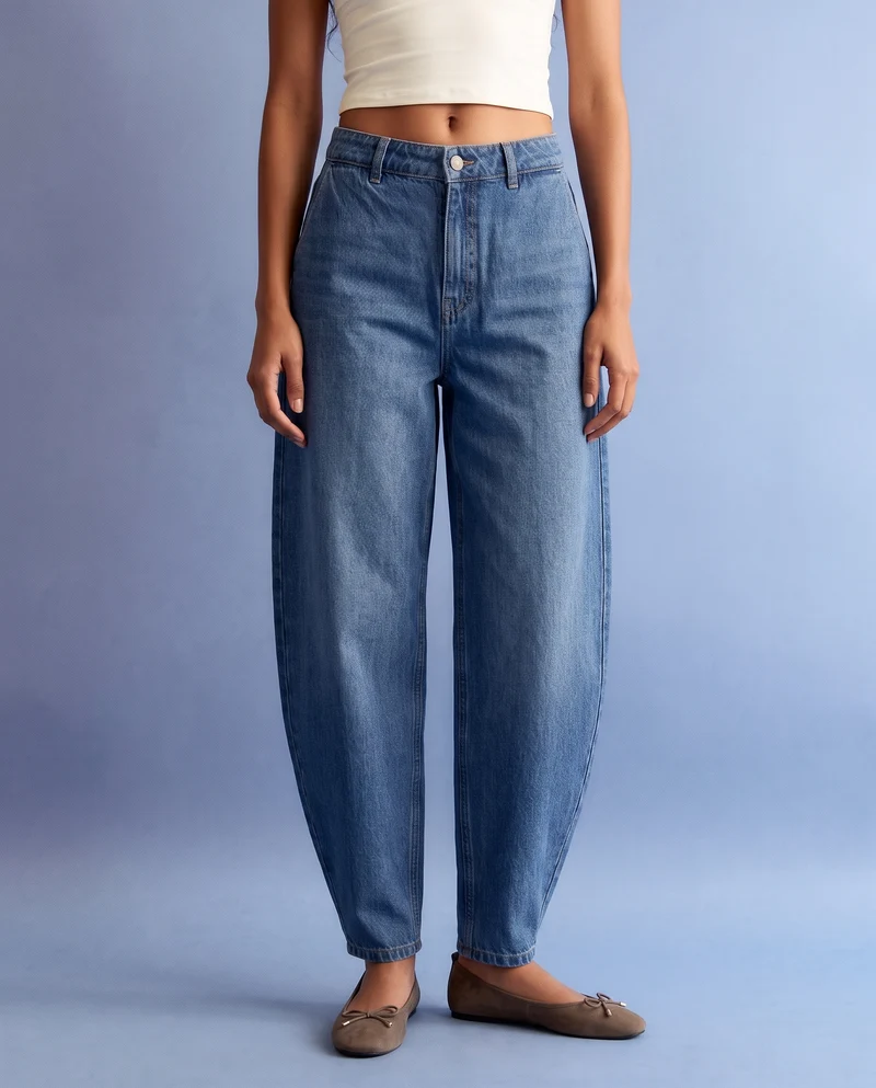Jeans barrel a vita alta con tasche - Denim
