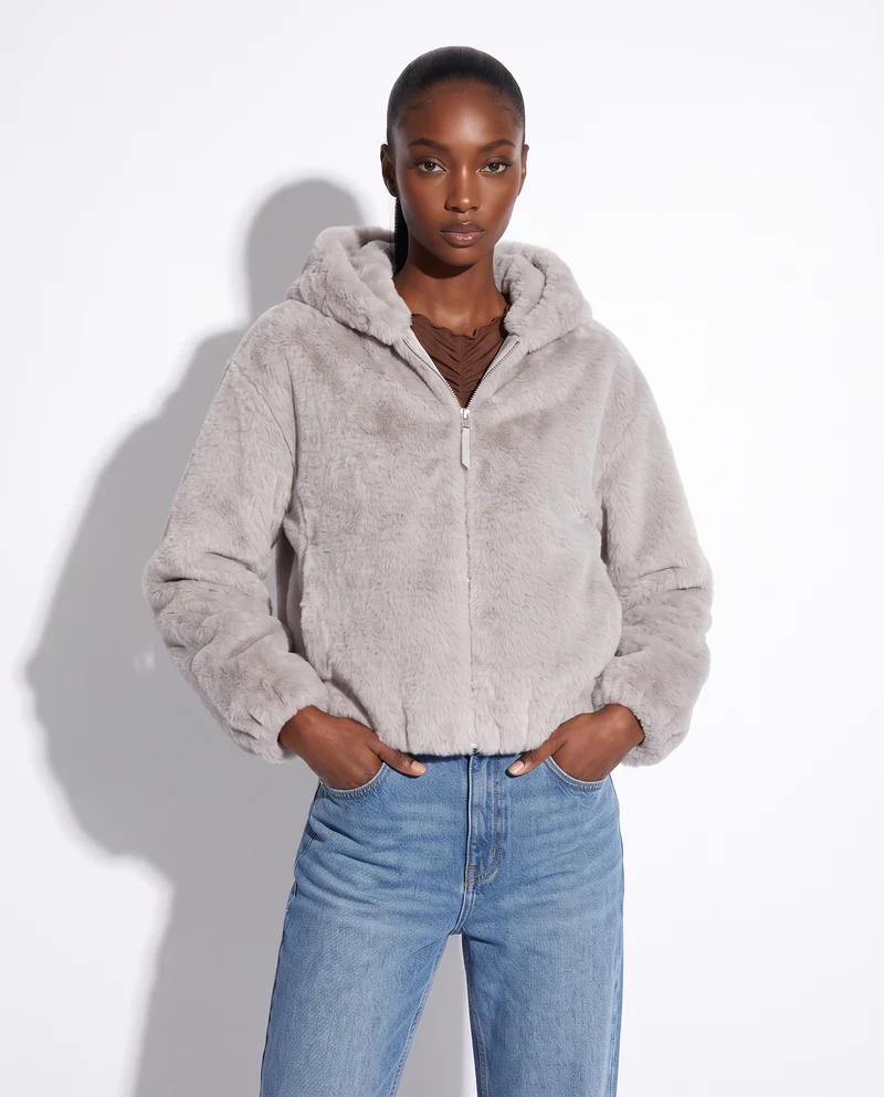 Bomber ecopelliccia con cappuccio e zip - Beige