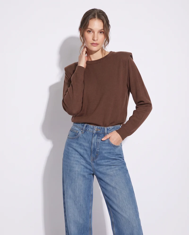 Pullover girocollo con spalline regolari - Marrone cioccolato
