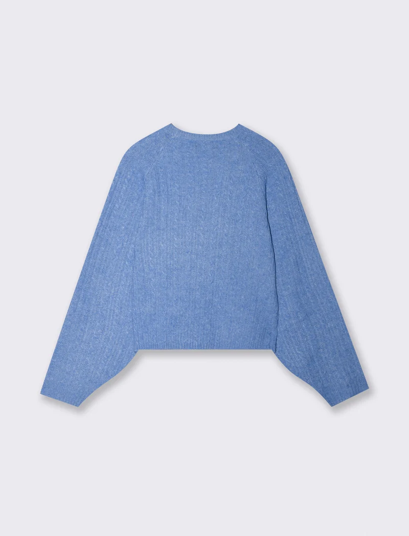 Pullover girocollo con trecce e manica raglan - Celeste melange