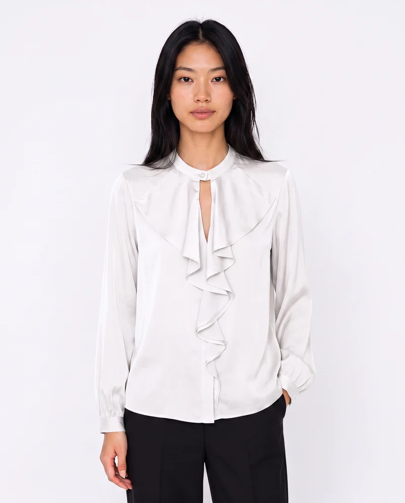 Casacca collo coreano con rouches eleganti - Bianco latte
