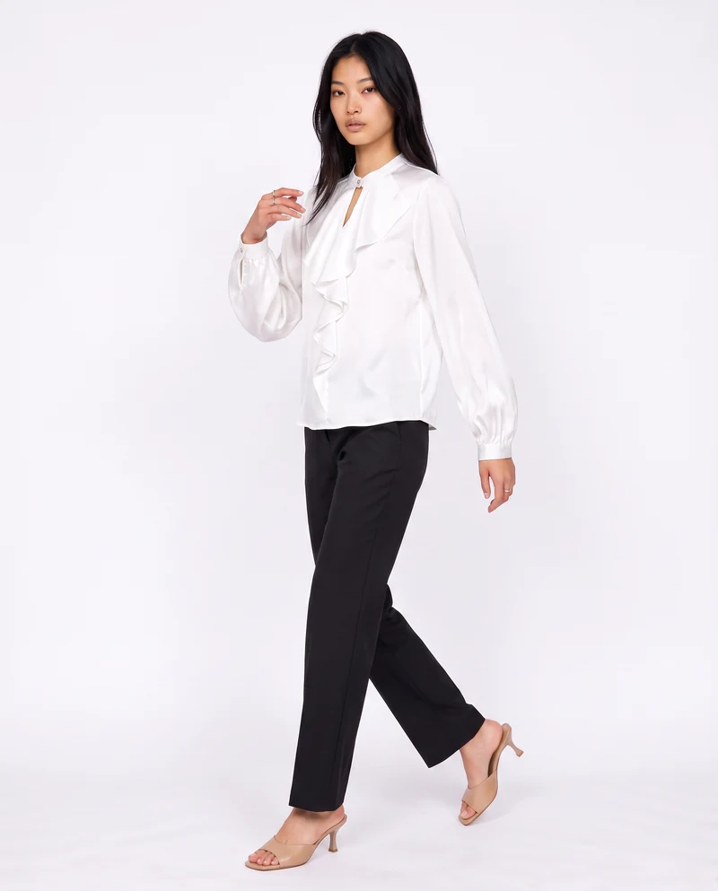 Casacca collo coreano con rouches eleganti - Bianco latte