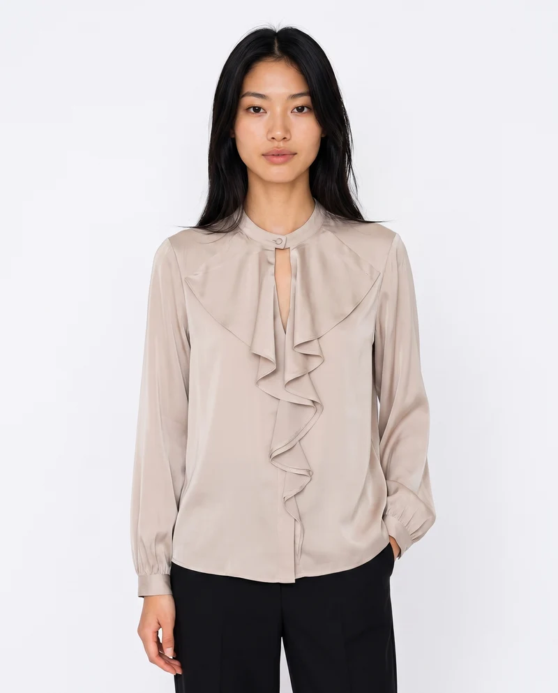 Casacca collo coreano con rouches eleganti - Beige