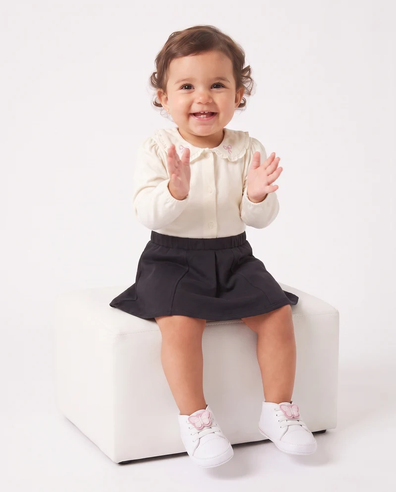 Body in jersey con colletto e ricami - Bianco latte