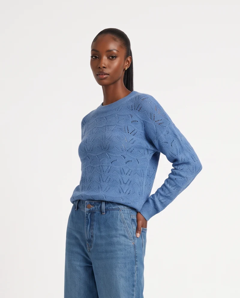 Pullover girocollo in ciniglia opaca - Celeste