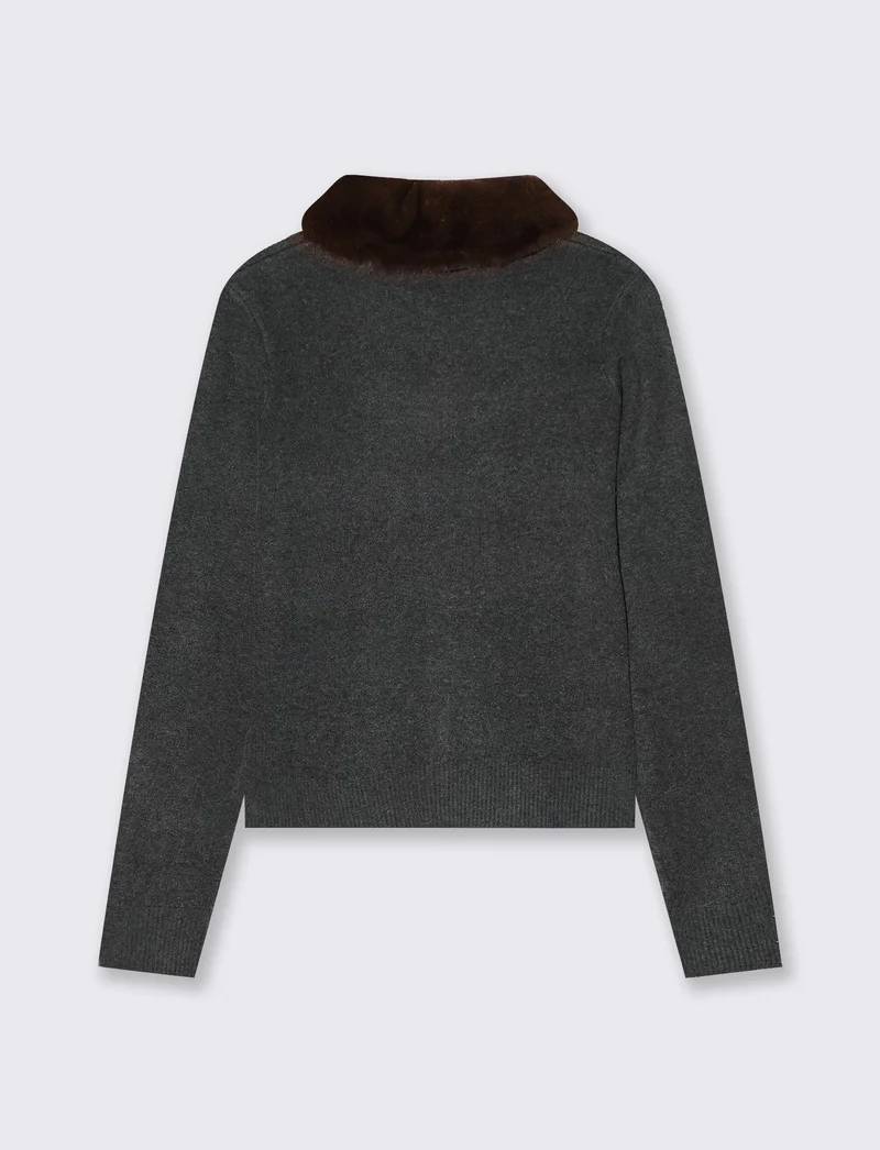 Cardigan con pelliccia e dettagli a costine - Grigio scuro