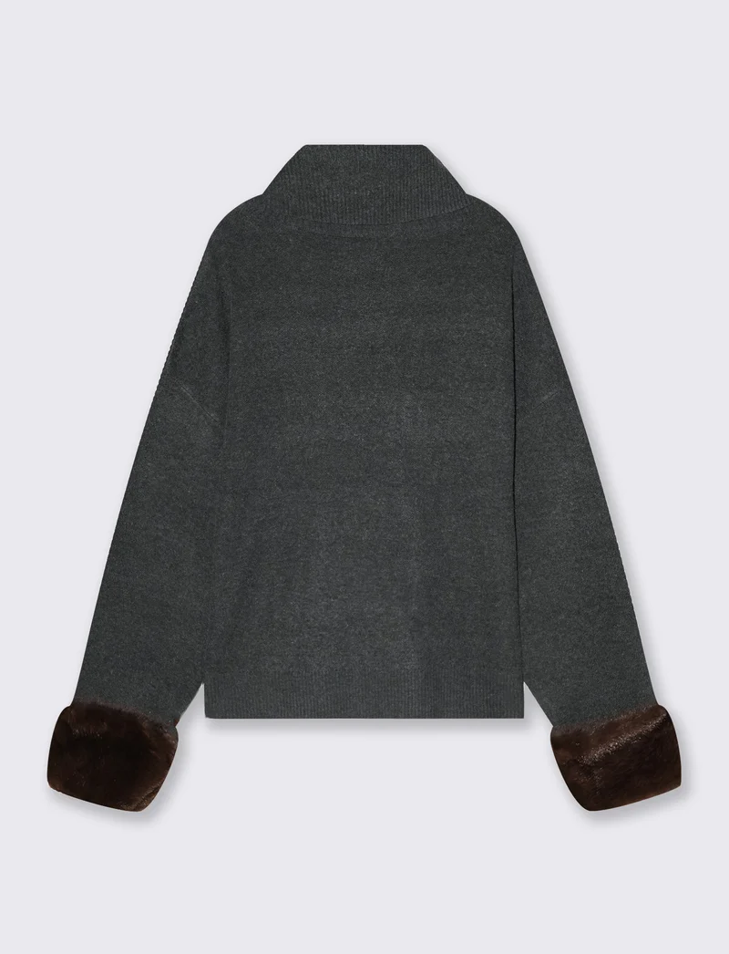 Pullover Collo Alto con Pelliccia ai Polsi - Grigio scuro