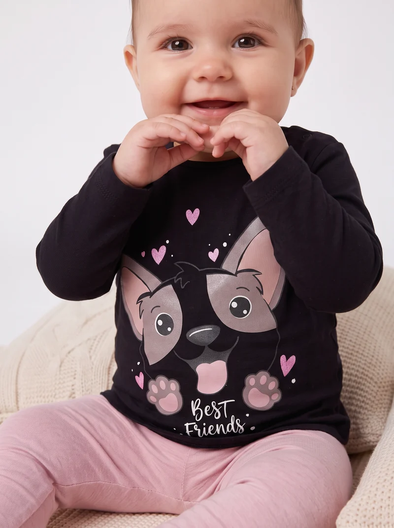 T-shirt a manica lunga con stampa e balza - Nero