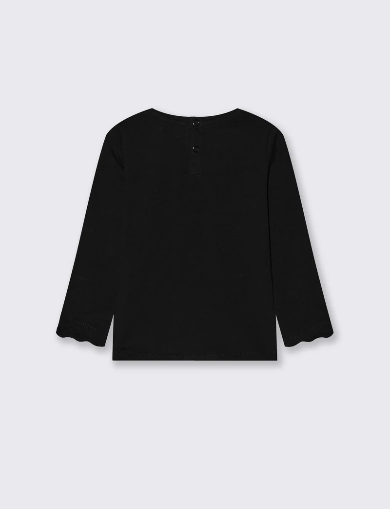 T-shirt a manica lunga con stampa e balza - Nero