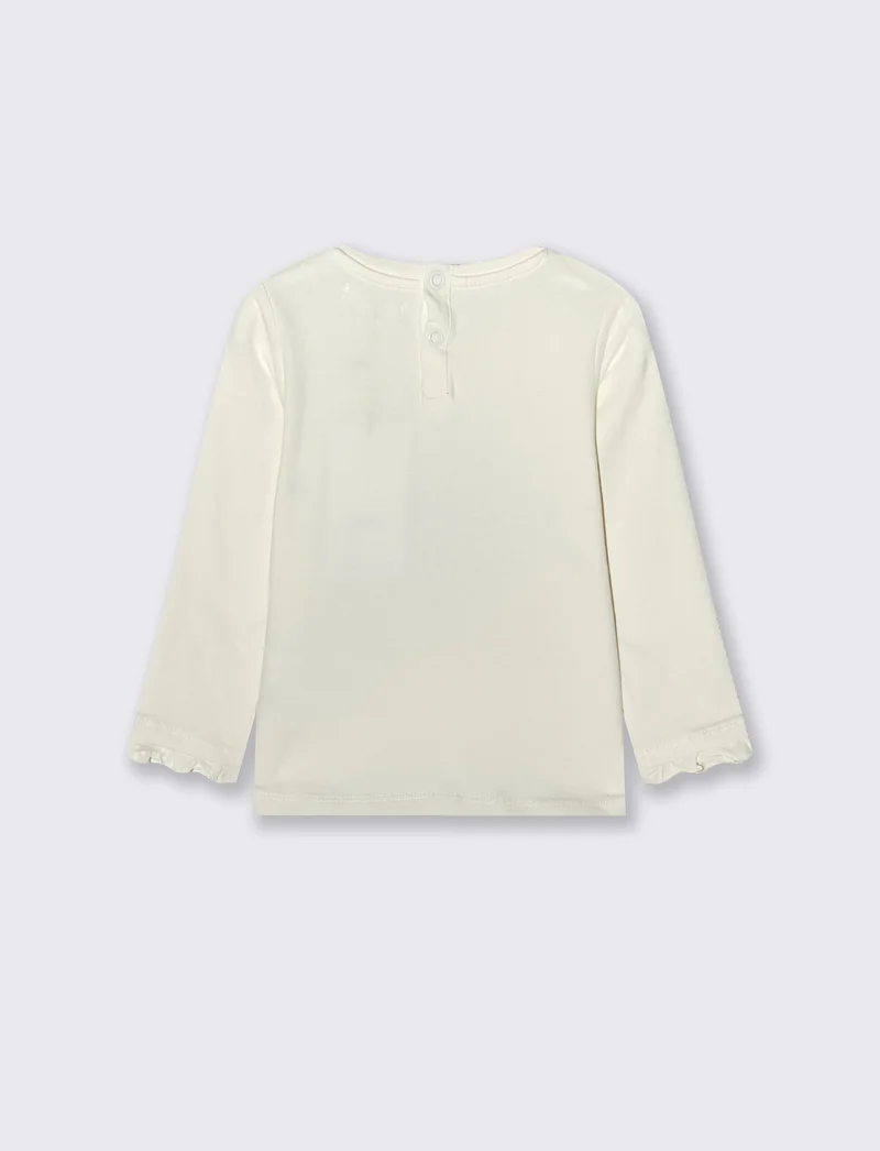 T-shirt a manica lunga con stampa e balza - Bianco latte