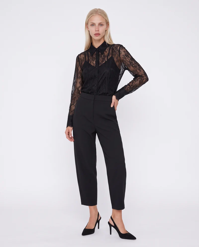 Camicia in rete lunga con pizzo raffinato - Nero