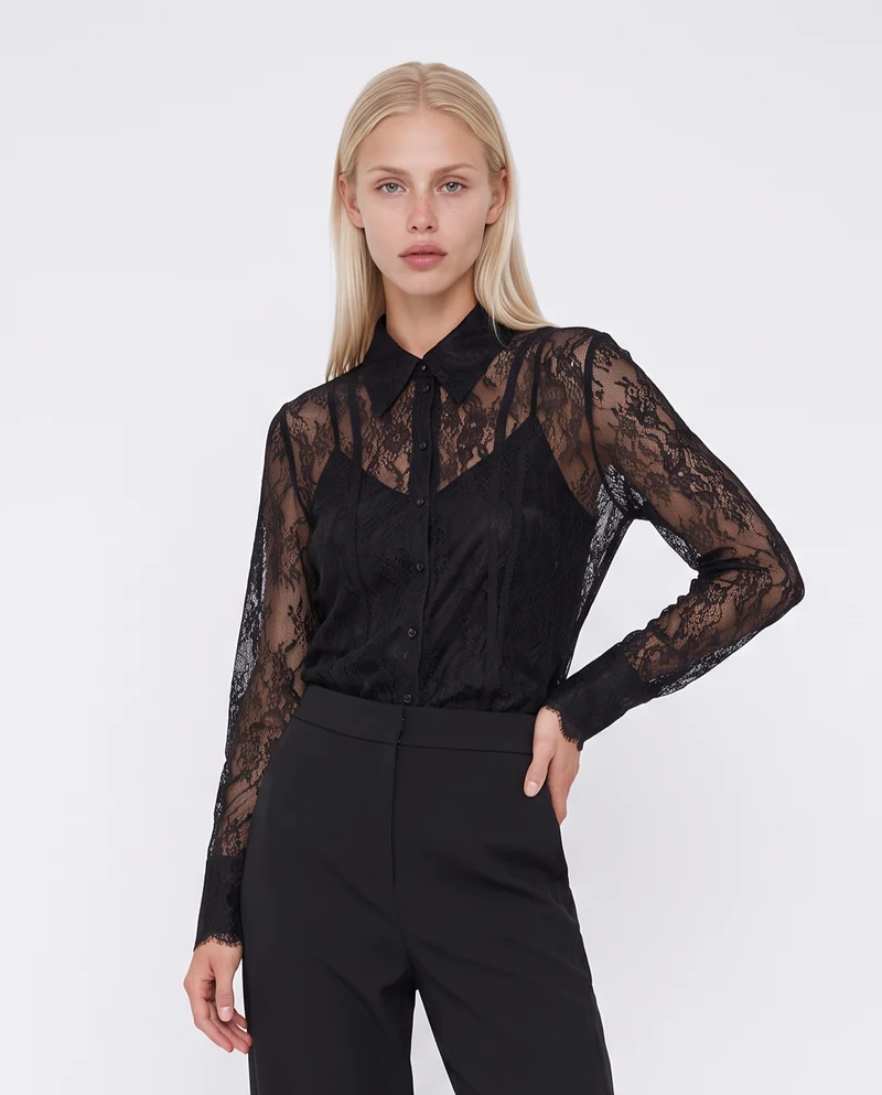 Camicia in rete lunga con pizzo raffinato - Nero