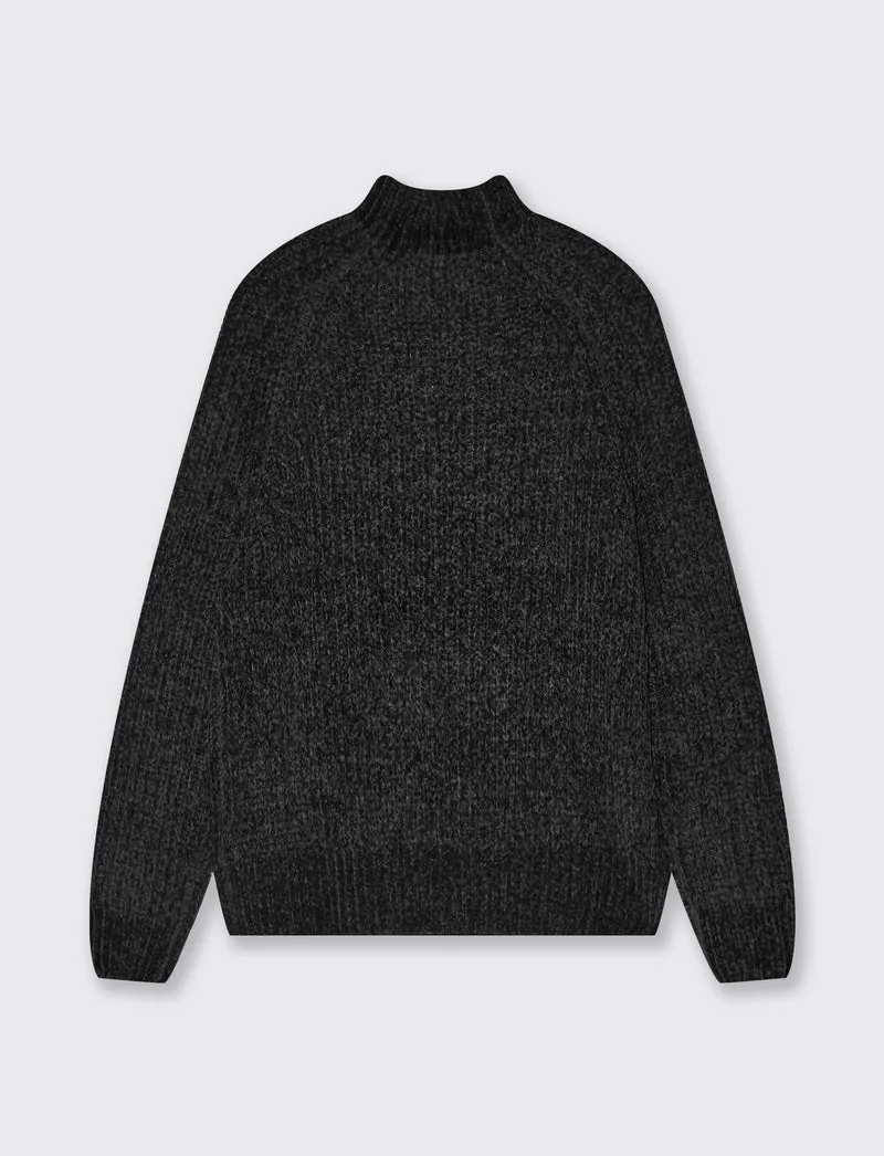 Pullover mezzo collo con treccia centrale - Nero