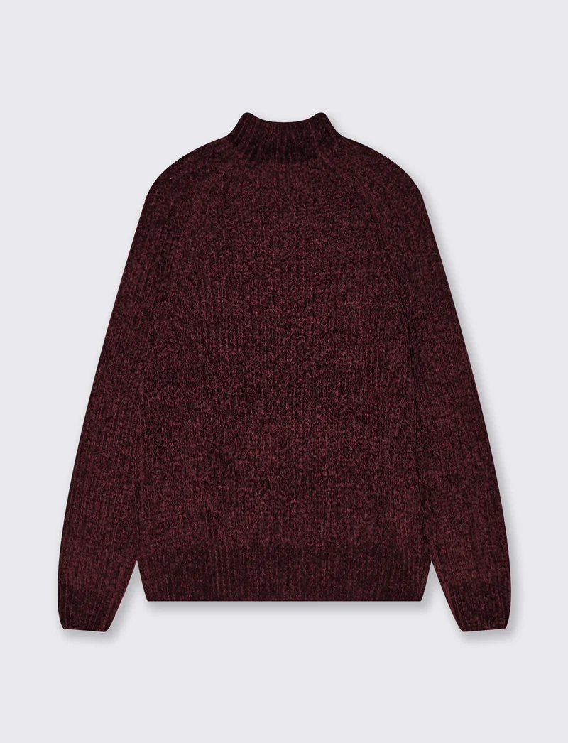 Pullover mezzo collo con treccia centrale - Rosso rubino