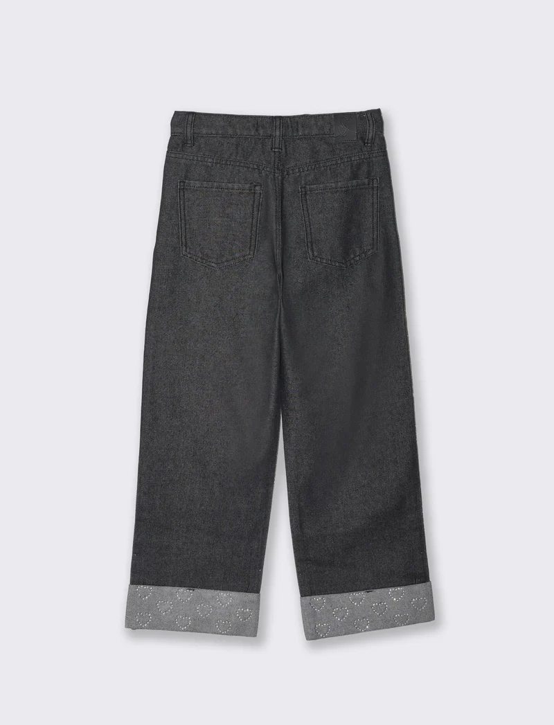 Jeans gamba ampia con strass da bambina - Nero