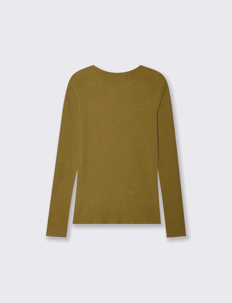 T-shirt manica lunga a costine con bottone - Verde oliva