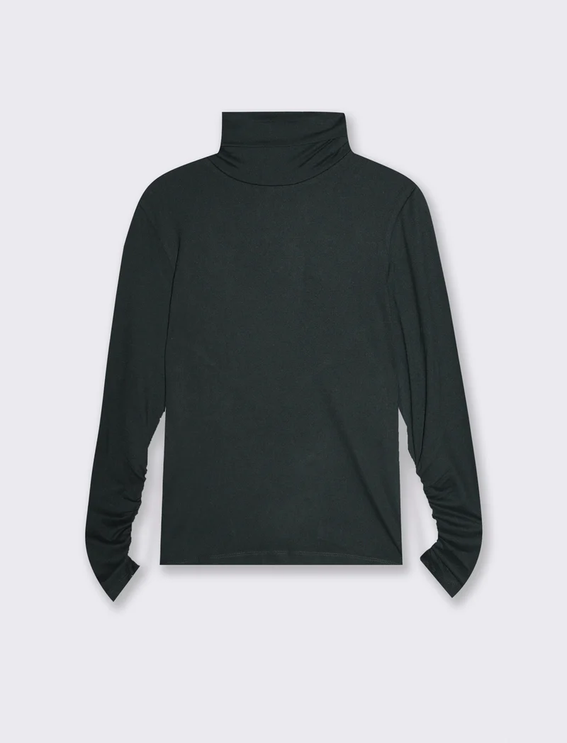 T-shirt collo alto a manica lunga con arriccio - Verde bosco