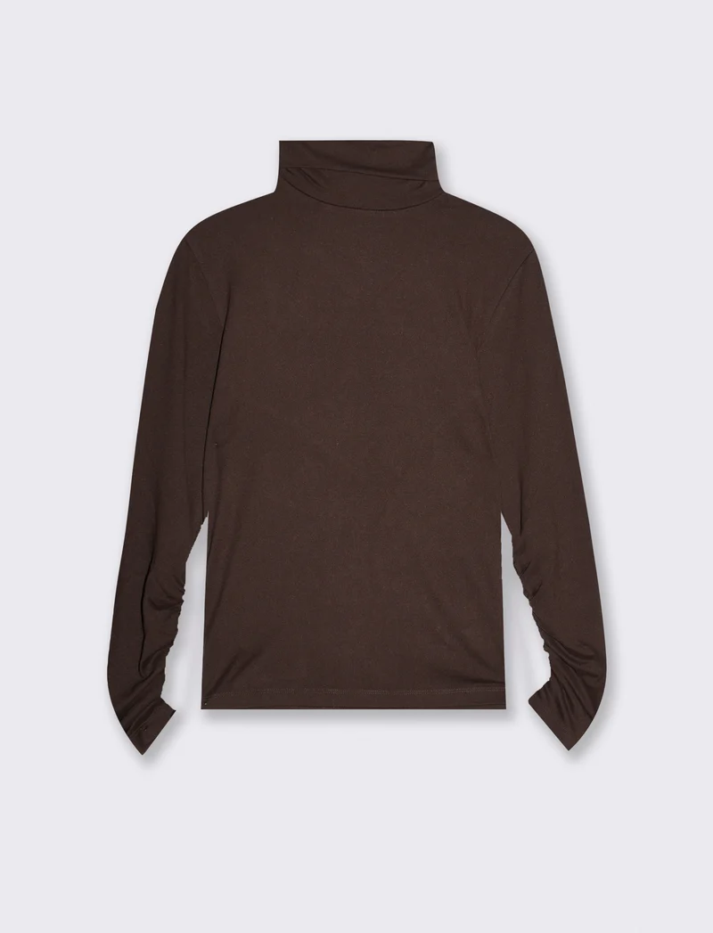 T-shirt collo alto a manica lunga con arriccio - Moro