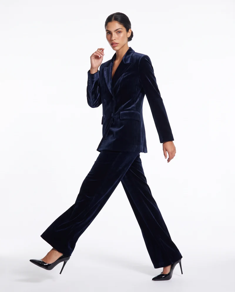 Pantalone in velluto wide leg con elastico - Blu