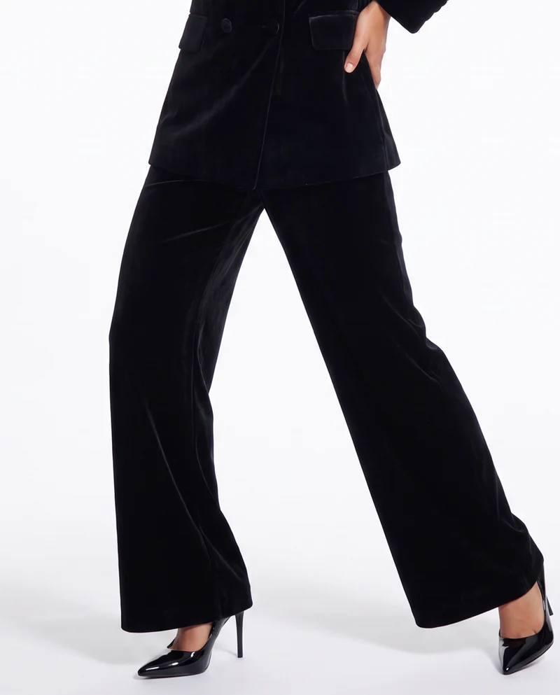 Pantalone in velluto wide leg con elastico - Nero