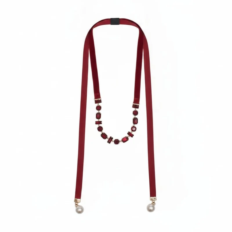 Collana saliscendi in velluto e perle - Bordeaux
