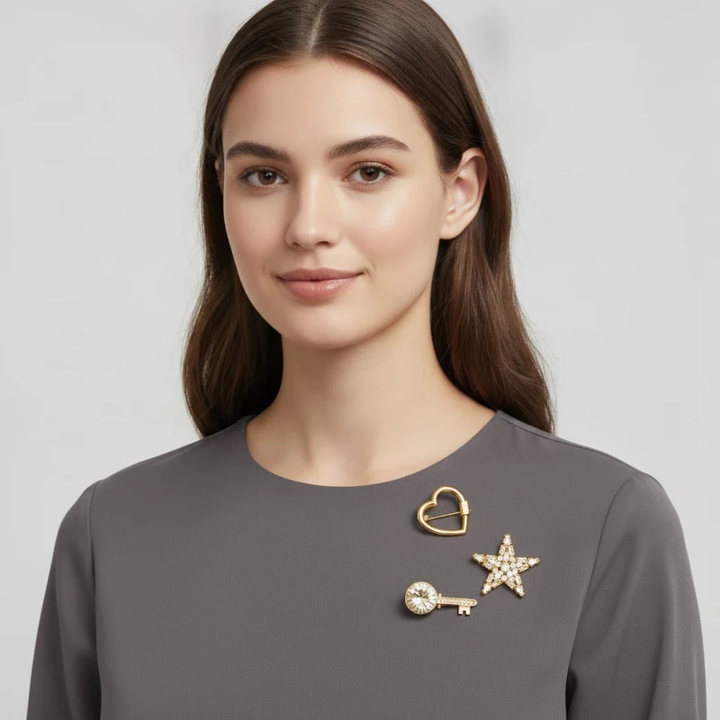 Spille cuore, stella e chiave con strass - Oro